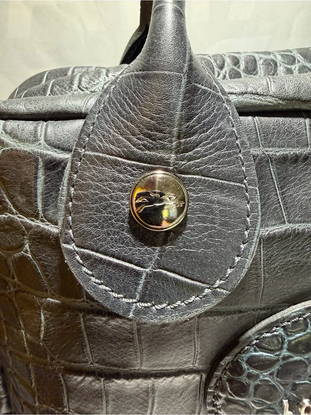 Longchamp Légende Black Gray Blue Croc-Embossed Leather Two Way Handbag